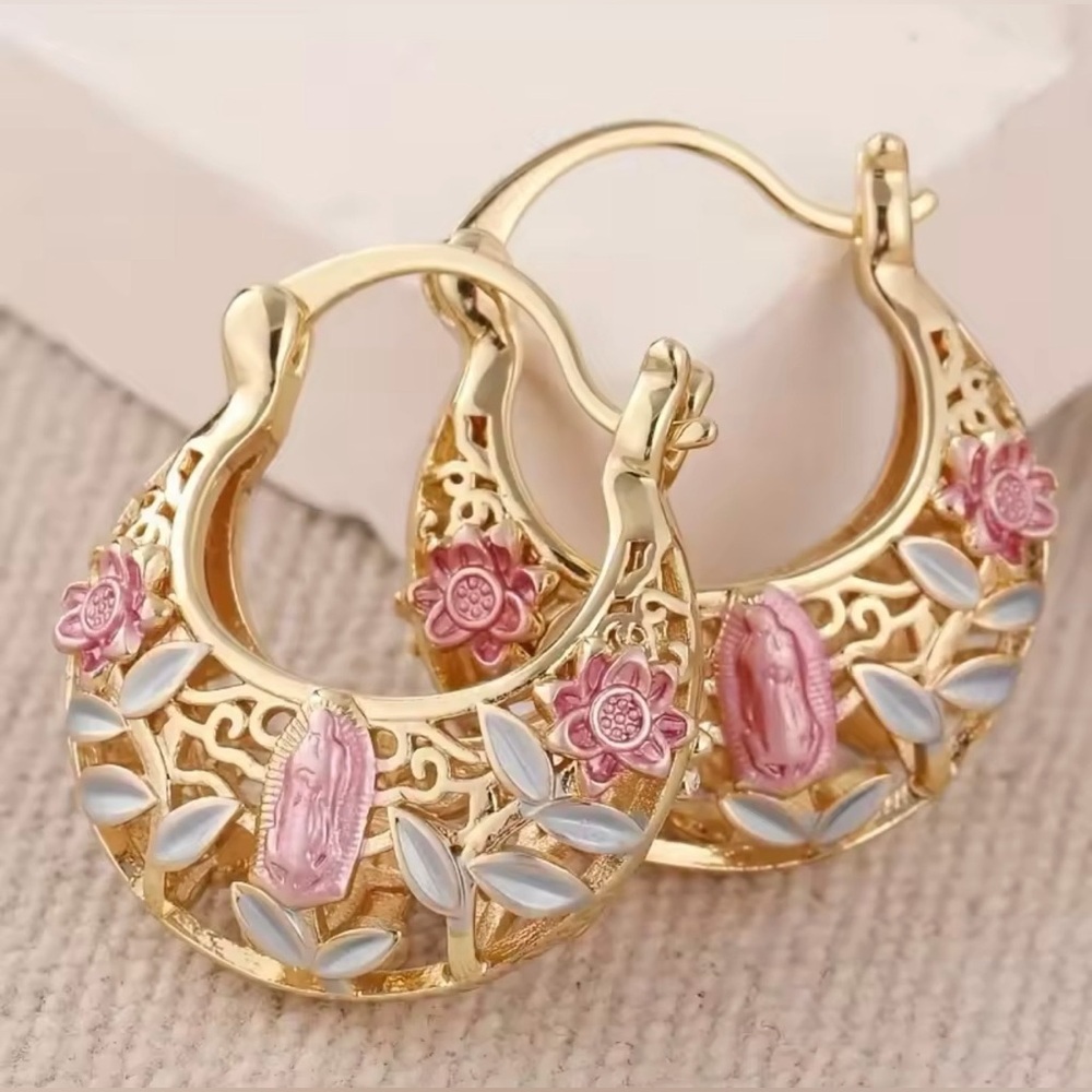 Gold and Pink Painted Floral Huggie Hoop Earrings for Pierced Ears